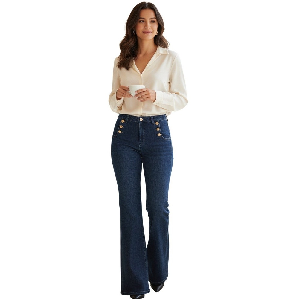 Parisian NWT Sailor Wide Leg Jeans Indigo High Rise‎ Gold Button 31/32x30 LUSA
